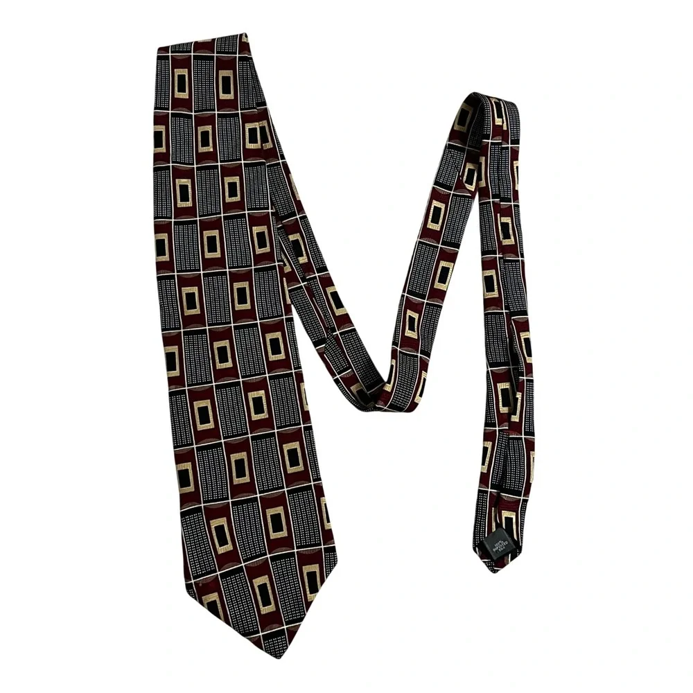 Zylos‎ George Machado Silk Tie Mens Burgundy Black Gold Geometric Grid Pattern